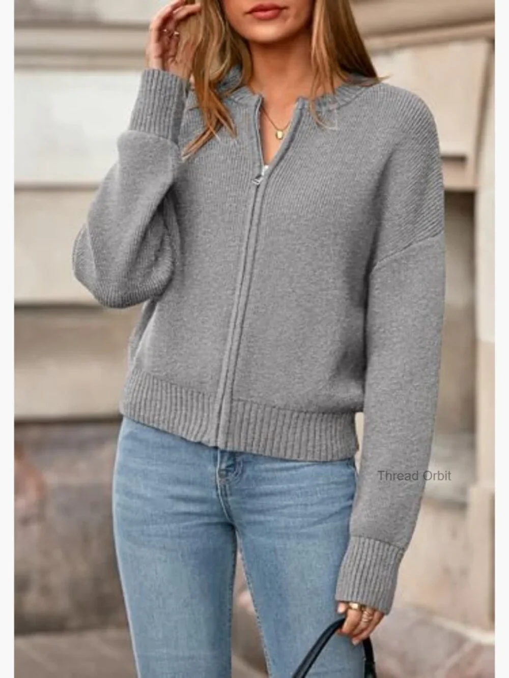 Chunky Ribbed Knit Cardigan Sweater, Open Front Zipper, Cozy Outerwear - Picture 2 of 7